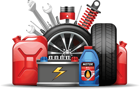 Car service center wheels tires oil and gas canister