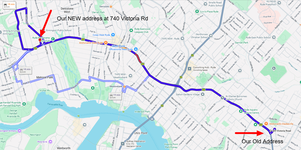 Google maps showing the 8 km drive All District Mechanical old premises at 369 Victoria Rd Gladesville NSW 2111 to our new premises at 740 Victoria Rd Ermington NSW 2115